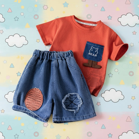 Red Classic Denim Short Set
