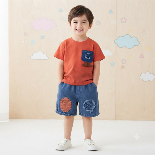 Red Classic Denim Short Set