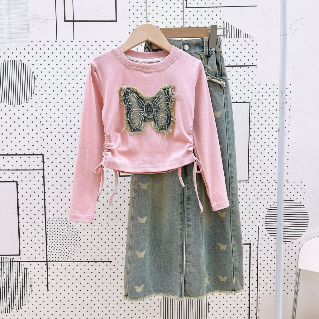 Denim & Butterfly Top Combo - Pink