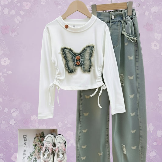 Denim & Butterfly Top Combo - White