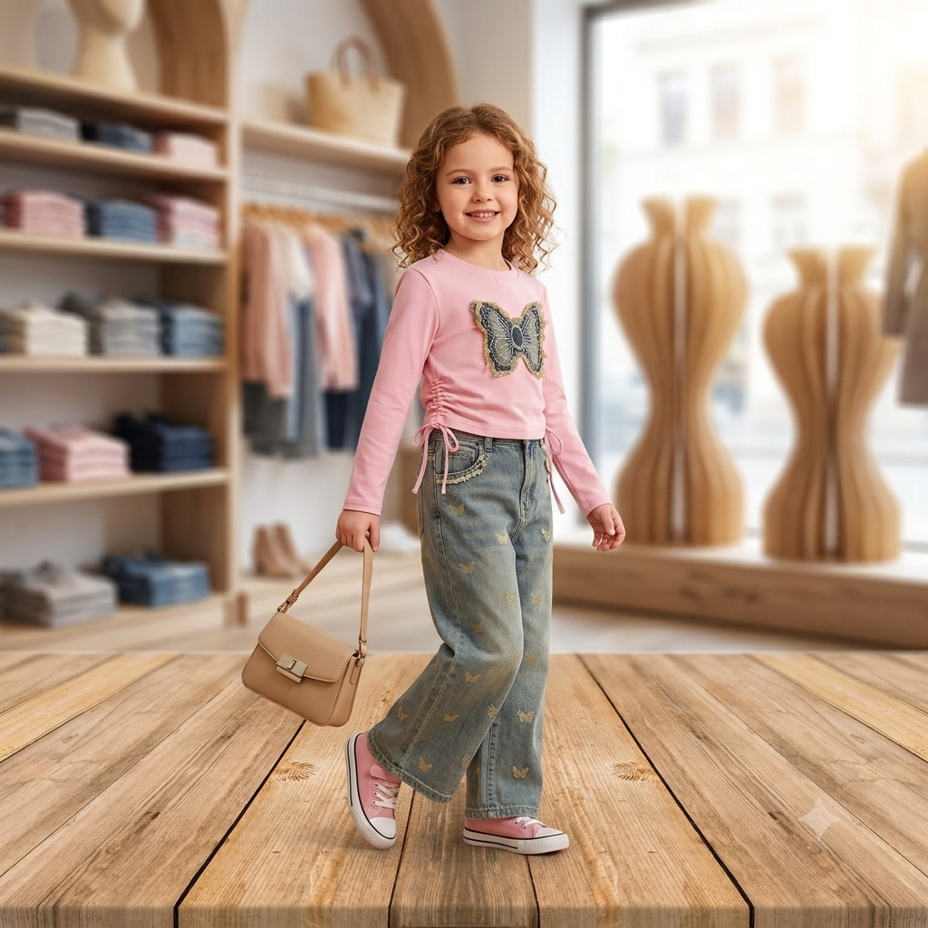 Pink Butterfly & Denim Top Combo