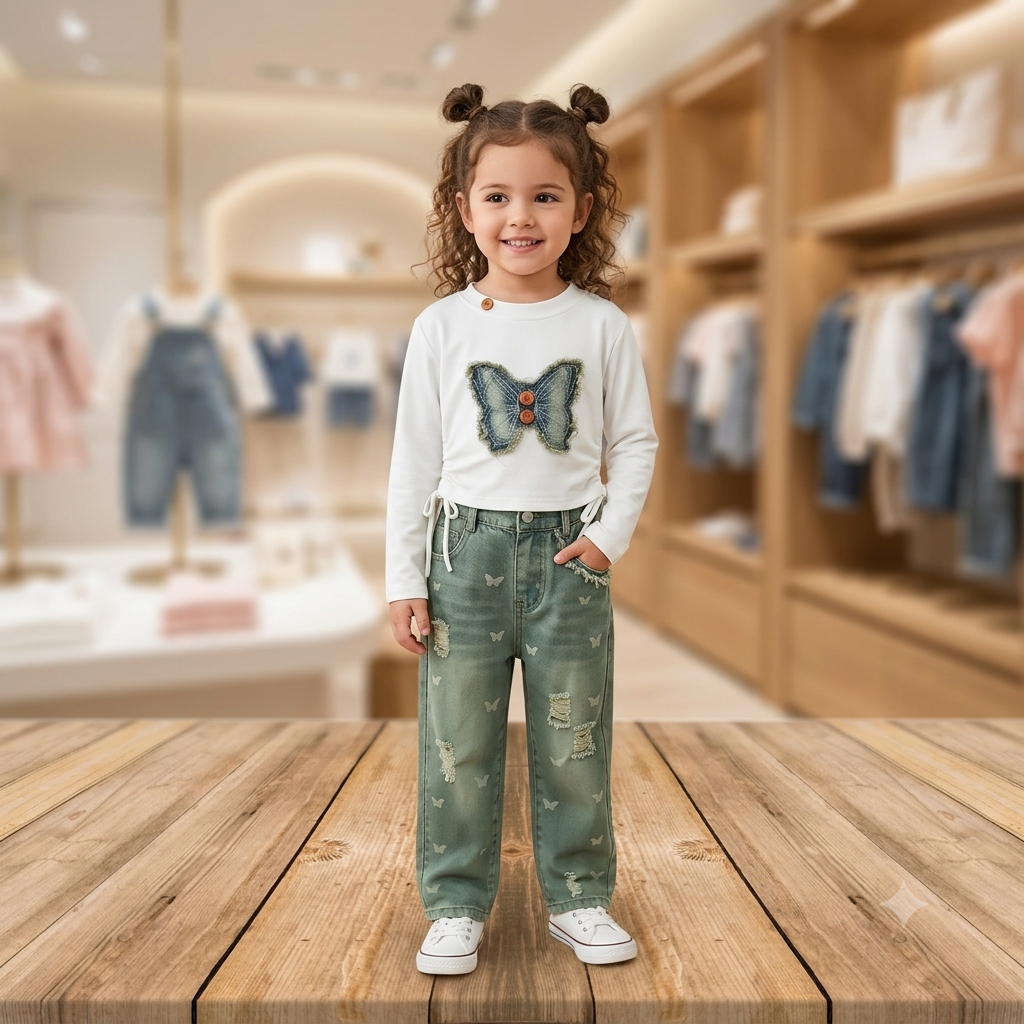 Denim & White Butterfly Top Combo