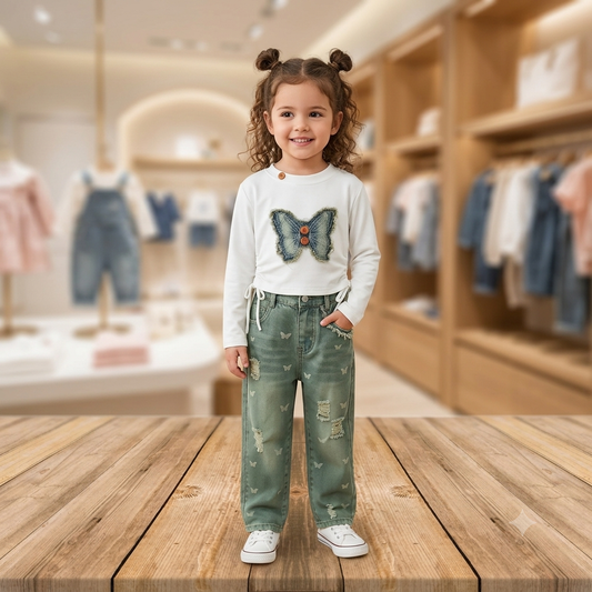 Denim & White Butterfly Top Combo
