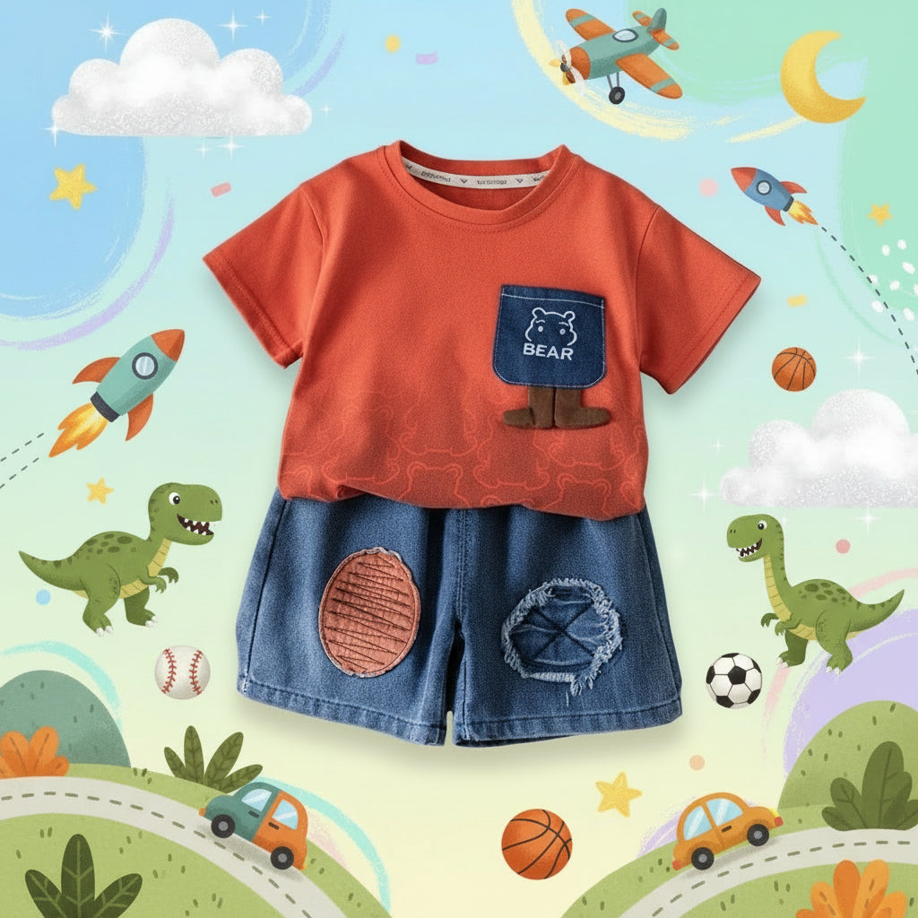 Red Classic Denim Short Set