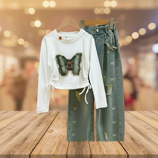 Denim & White Butterfly Top Combo