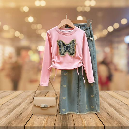 Pink Butterfly & Denim Top Combo