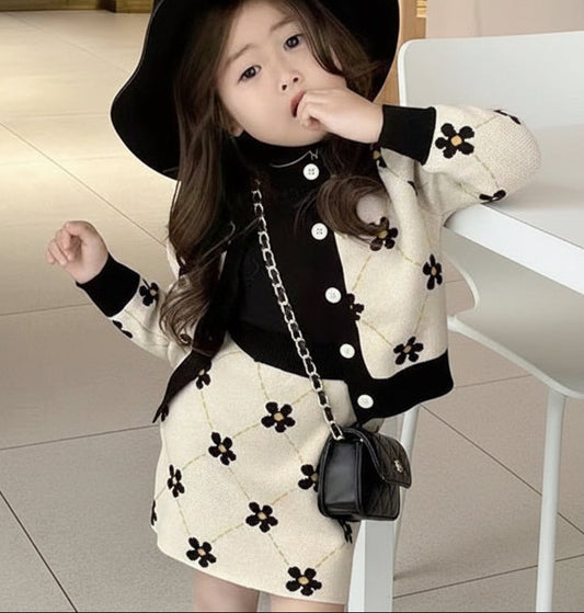 Designer Black & White Floral Skirt Ensemble